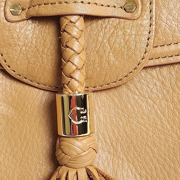 Clutch Handbag removable shoulder strap tassel Leather Tan Gold color C WONDER - Picture 7 of 13